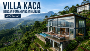 Desain arsitektur kaca pada bangunan villa dengan latar belakang pemandangan gunung Puncak